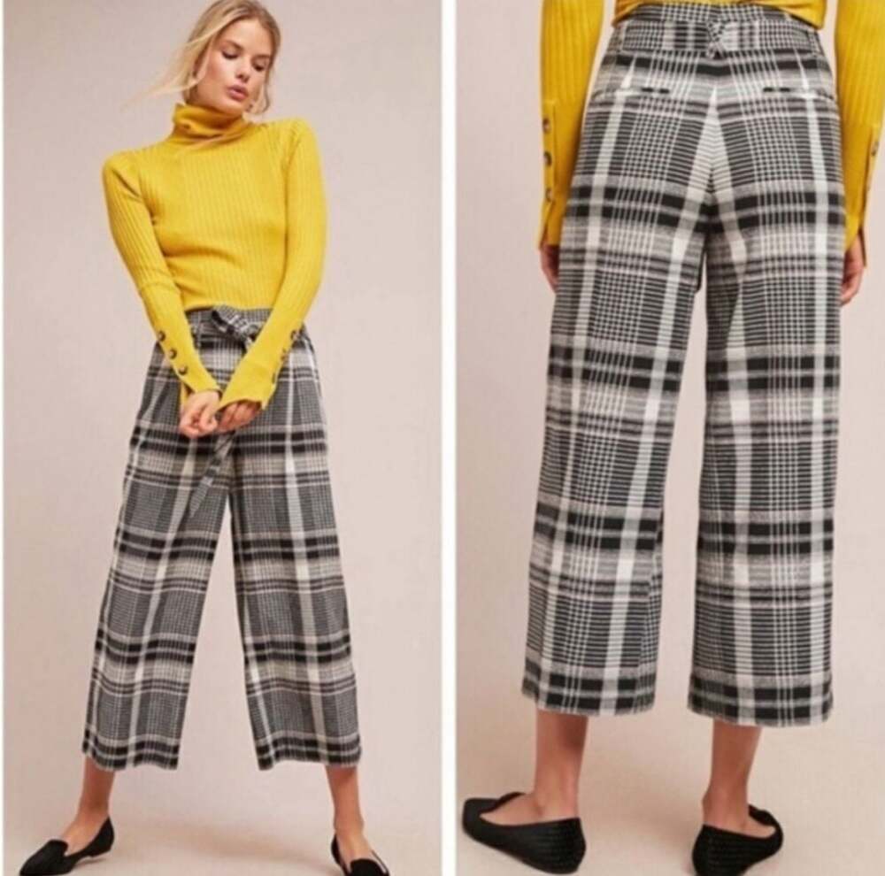 Ettitwa by Anthropologie Luca Plaid Textured Belted Wide Leg Cropped Pants